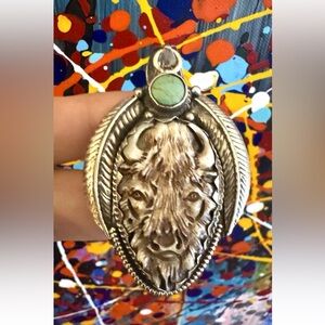 Hand Carved Bone Pendant,Bison Face Art,Green Turquoise & Silver,3”inch,26grams